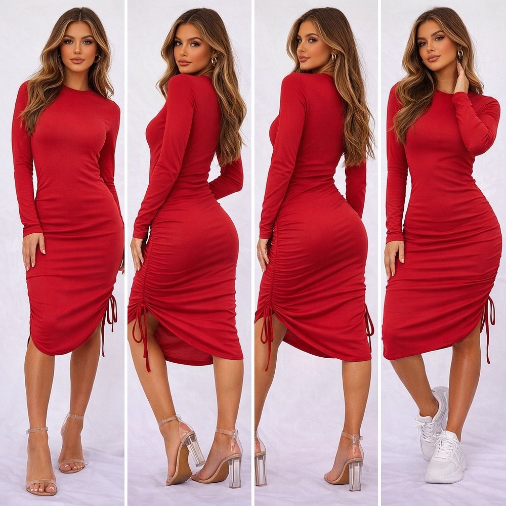 Red Long Sleeve Ruched Bodycon Dress Crew Neck‎ Knee Length Large